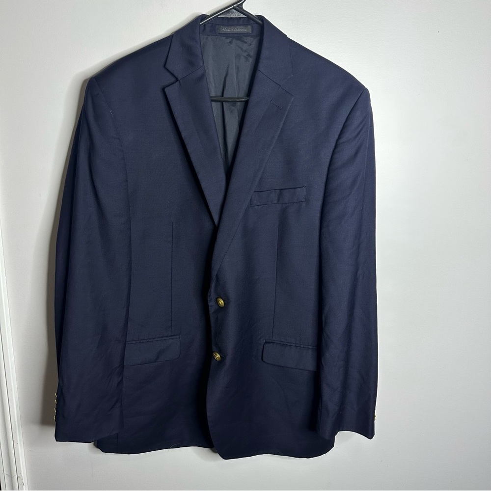 Men’s Lauren Ralph Lauren Size 43L Gold Button Navy Blue Suit Jacket 100% Wool‎